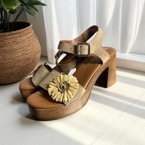 Vintage-Inspired Suede Chunky Stacked Heel Platform Daisy Flower Sandals